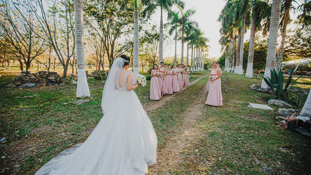 A bride in a white wedding gown approaches her bridesmaids on a tree-lined pathway outdoors.